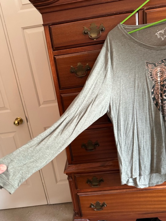 Just My Size Olive Long-Sleeve V-Neck Top with Metallic Owl - Picture 2 of 3